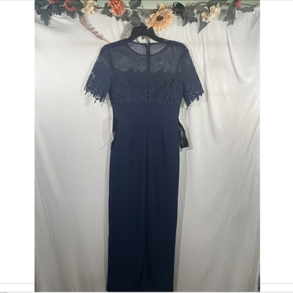 NWT JS‎ Collections [ 4 ] Crochet Embroidered Illusion Gown in Navy #Q261 - Picture 13 of 15